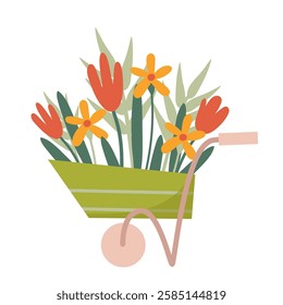 Rustic Garden Wheelbarrow with Blooming Flowers – Spring and Summer Floral Illustration with Vibrant Tulips and Daisies