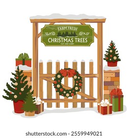 Rustic gate with a Christmas tree sign and decoration. Christmas gate with gift boxes, wreath and Christmas trees. A A Rural scene with wooden gates, Christmas trees, a garland and a wreath. 