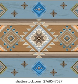 A rustic geometric design showcasing a large central diamond motif and smaller intricate diamonds across horizontal color bands. The distressed texture and earthy blue and brown tones evoke a sense of traditional craftsmanship and vintage charm.