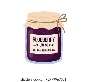 A rustic glass jar of blueberry jam with a Natural and Delicious label and a paper cover tied with twine.