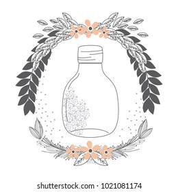 Rustic glass jar with leaves hand drawn