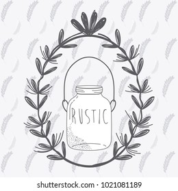 Rustic glass jar with leaves hand drawn