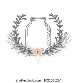 Rustic glass jar with leaves hand drawn