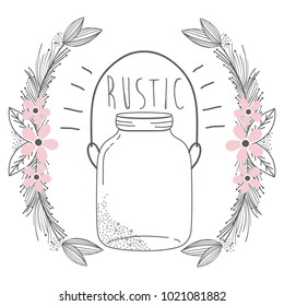 Rustic glass jar with leaves hand drawn