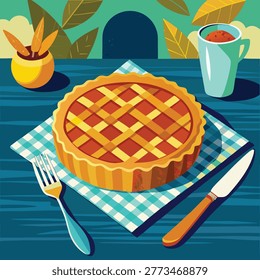 Rustic Golden Brown Lattice Pie on Homely Wooden Table