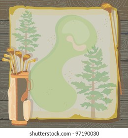 Rustic golf party or tournament invitation with a vintage aged feel. Golf bags with golf clubs on grungy vintage paper with faded pine trees, set against a wood background.