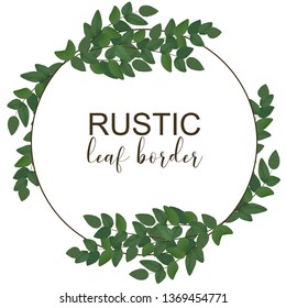 Rustic green eucalyptus leaf round border. Floral circle frame with flat realist greenery. Wedding greeting card element. Great for decoration.