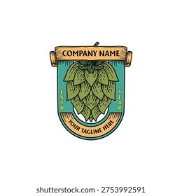 Rustic Green Hops Badge Label Emblem With Brewing Plant Humulus Cone