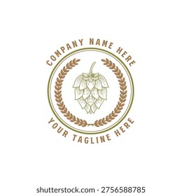 Rustic Green Hops Badge Label Emblem With Brewing Plant Humulus Cone Silhouette