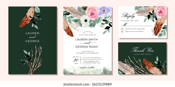 convite de casamento verde rústico conjunto com floral e aquarela de penas