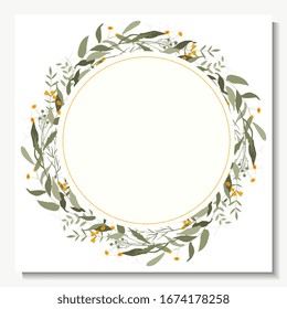 Rustic green wedding wreath, border or frame in watercolor style. Hand drawn trendy greenery and garden flowers bouquets.
Bohemian  romantic decor for invitation and greeting cards.