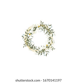 Rustic green wedding wreath, round geometric golden border or frame in watercolor style. Hand drawn garden flowers bouquets. Bohemian  romantic decor, vintage botanical composition for invitation 