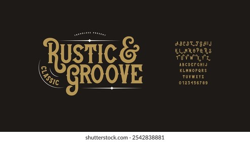 Rustic Groove: A vintage-inspired display alphabet with a golden, classic aesthetic. Perfect for adding stylish charm to any project. Vector illustration.