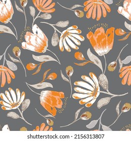 rustic grunge hand drawn flower pattern on grey background