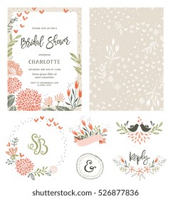 Rustic Hand Drawn Bridal Shower Invitation With Seamless Background And Floral Design Elements. Vector Illustration.