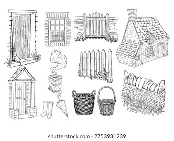Rustic hand drawn countryside set with stone cottage, door, window, fences, chimney smoke, baskets, boots and umbrella. Ideal for rural branding, posters, books, packaging and web.