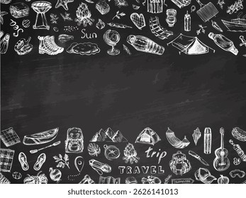 Rustic hand drawn horizontal border in chalk style with camping, barbecue and hiking gear on dark chalkboard background. Includes grill, tent, map, compass and food icons for design use.