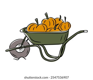 Rustic hand drawn illustration of green wheelbarrow filled with bright orange pumpkins. Perfect for autumn, harvest, and Thanksgiving projects