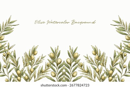 Rustic hand drawn olive watercolor background with detailed leaves and fruits. Perfect for invitations, menus, branding, packaging, wallpapers, and botanical Mediterranean art