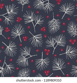 Rustic Hand Drawn Pine Tree and Red Berries Vector Seamless Pattern. Christmas Foliage Line Drawing Background