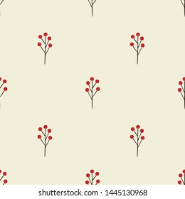 rustic hand drawn red berries vector seamless pattern. christmas branches and berries background