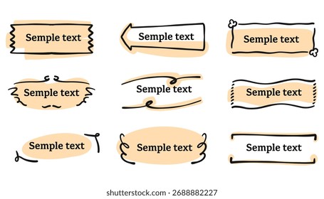 Caixas de texto, banners e conjunto de quadros desenhados à mão rústica. Estilo de doodle de traçado de pincel com rótulos bonitos, tags e ornamentos. Ótimo para manchetes, notas, distintivos, convites e decoração de design.
