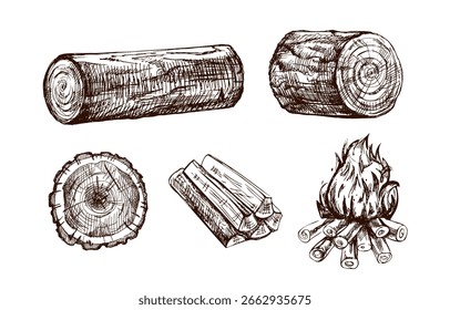 Rustic hand drawn vintage sketch set with firewood, log, stump and campfire in brown ink style on white background. Ideal for camping or nature themes.