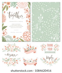 Rustic hand drawn wedding invitation with seamless background and floral design elements. Vector illustration.