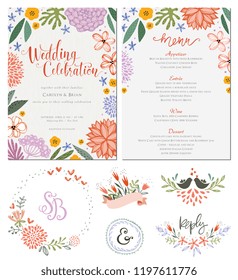 Rustic hand drawn wedding invitation with seamless background and floral design elements. Vector illustration.