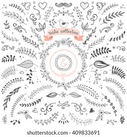 Rustic hand sketched elements. Floral doodles, laurels, graphic elements, banners and frames for use in your logos, branding and design projects. Good for greeting cards, invitations and scrapbook.