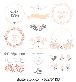 Rustic hand sketched wedding elements set. Floral doodles, branches, flowers, laurels, banners and frames.  Ideal for Save the Date cards, Wedding invitations, Thank You cards and RSVP cards