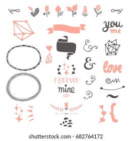 Rustic hand sketched wedding elements set. Floral doodles, branches, flowers, laurels, banners and frames.  Ideal for Save the Date cards, Wedding invitations, Thank You cards and RSVP cards