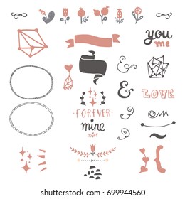 Rustic hand sketched wedding elements set. Floral doodles, branches, flowers, laurels, banners and frames.  Ideal for Save the Date cards, Wedding invitations, Thank You cards and RSVP cards