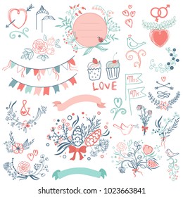 Rustic hand sketched wedding modern vintage graphic collection of cute ribbons, wreaths arrows, birds, hearts, laurel, and labels.