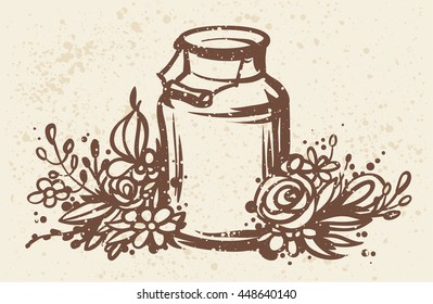 Rustic handsketched illustration of milk can and flowers, country style vector sketch. Fresh dairy farm products in the vintage aluminium jar with wooden handle and floral wreath, rural design