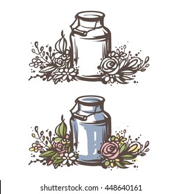 Rustic handsketched illustration of milk can and flowers, country style vector sketch. Fresh dairy farm products in the vintage aluminium jar with wooden handle and floral wreath, rural design
