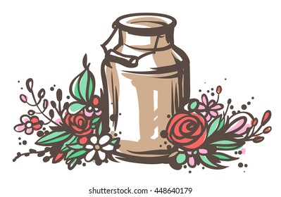 Rustic handsketched illustration of milk can and flowers, country style vector sketch. Fresh dairy farm products in the vintage aluminium jar with wooden handle and floral wreath, rural design