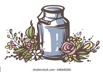 Rustic handsketched illustration of milk can and flowers, country style vector sketch. Fresh dairy farm products in the vintage aluminium jar with wooden handle and floral wreath, rural design