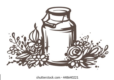 Rustic handsketched illustration of milk can and flowers, country style vector sketch. Fresh dairy farm products in the vintage aluminium jar with wooden handle and floral wreath, rural design