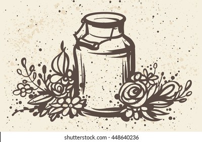 Rustic handsketched illustration of milk can and flowers, country style vector sketch. Fresh dairy farm products in the vintage aluminium jar with wooden handle and floral wreath, rural design