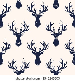 Rustic Hand-Stamped Dark Blue Textured Silhouettes Of A Deer Head White Background Vector Seamless Pattern. Versatile Winter Holidays Pattern Print Perfect For Gift Wrap, Textiles, Cards