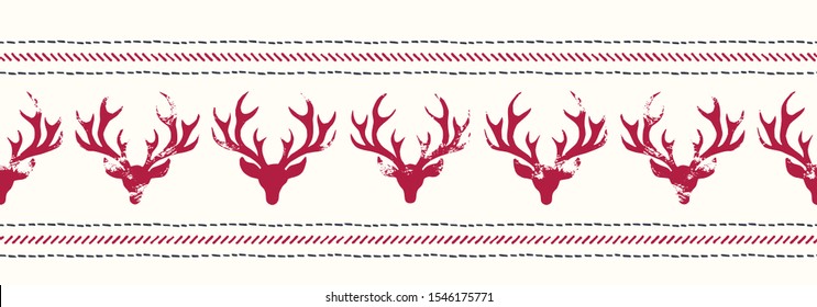 Rustic Hand-Stamped Red Textured Silhouettes of Deer Heads and Stripes of Stitches on White Background Vector Seamless Horizontal Pattern Border. Versatile Winter Holidays Pattern Print