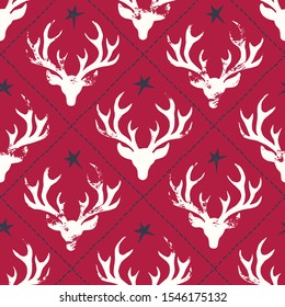 Rustic Hand-Stamped White Textured Deer Heads Silhouettes, Diagonal Stitches, and Stars on Red Background Vector Seamless Pattern. Versatile Farnhouse Winter Holidays Pattern Print