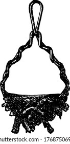Rustic hanging plant basket, vintage line drawing or engraving illustration.