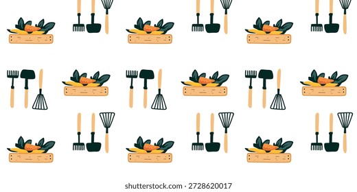 rustic harvest and gardening tools seamless background pattern