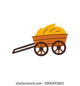 Rustic Hay Wagon Icon. Wooden countryside vehicle loaded with golden straw, perfect for rural celebrations, farmhouse themes, seasonal decor and pastoral design. Flat vector illustration.