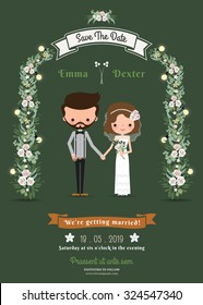 Rustic Hipster Cartoon Couple Wedding Card On Green Background