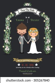 Rustic hipster romantic cartoon couple wedding card on dark gray background