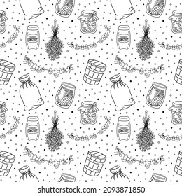 Rustic Home Pantry, Grocery items, Food Supplies seamless pattern. Preserves, glass jars. Canned jam, honey, pickles. Dry lavender and mushrooms, wood bucket, canvas sack. Outline vector background