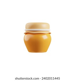 Rustic honey jar or ceramic pot covered with a fabric patch, 3D realistic render vector illustration isolated on a white background. Honey pot three-dimensional icon.